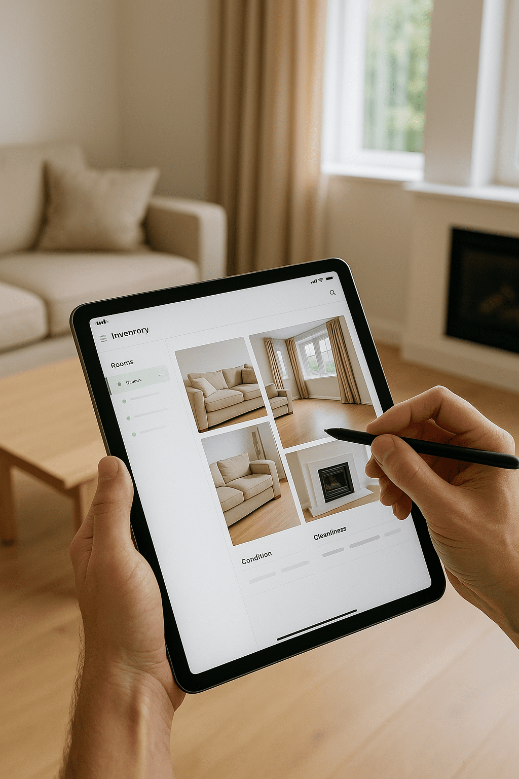 Inventory clerk using a tablet to capture photos for a digital property inventory report