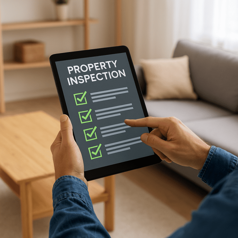 A landlord using a tablet to inspect a property under the Decent Homes Standard.