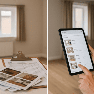 Split-screen image comparing in-house and independent property inventory inspections, highlighting neutrality and professionalism