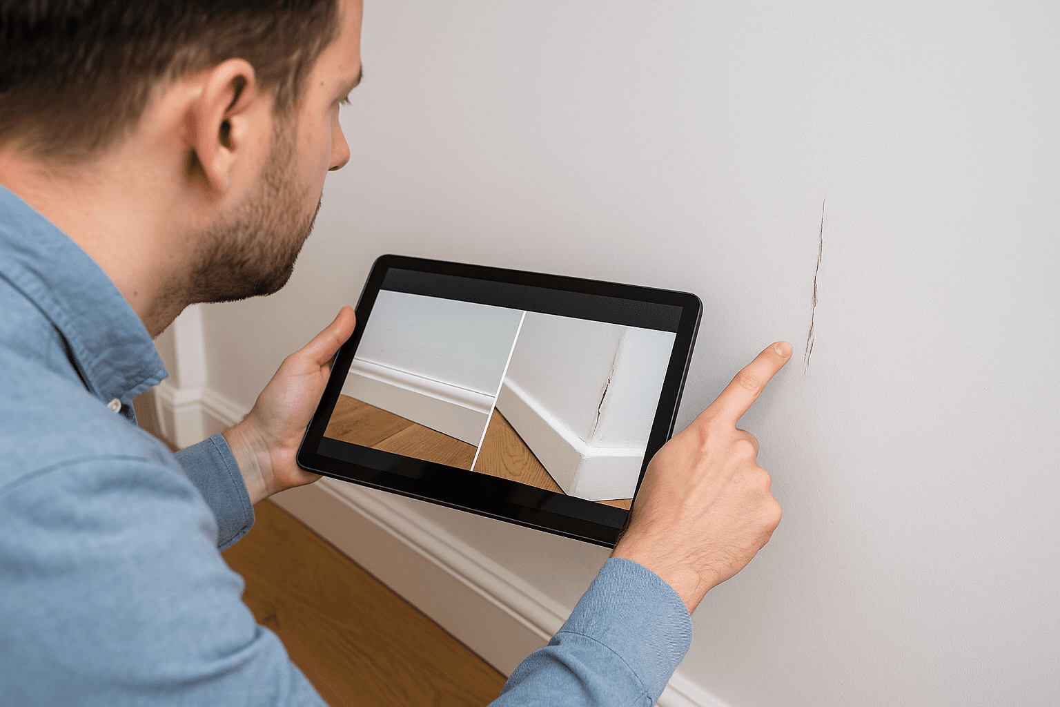 Landlord using a tablet to review minor scuffs on a wall during a property inspection, representing fair wear and tear versus damage.